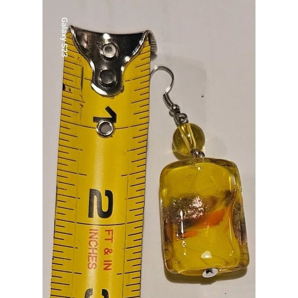 2 Vintage Earrings Hand Blown Art Glass Chunky Dangle With Hook Yellow‎ & Green